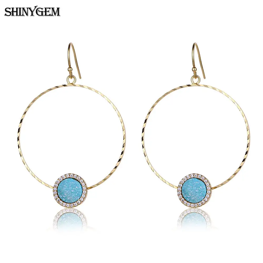 

ShinyGem Large Circle Drop Earrings Sparkling Natural Druzy Earrings Twist Smooth Big Round Golden Gem Stone Earrings For Women