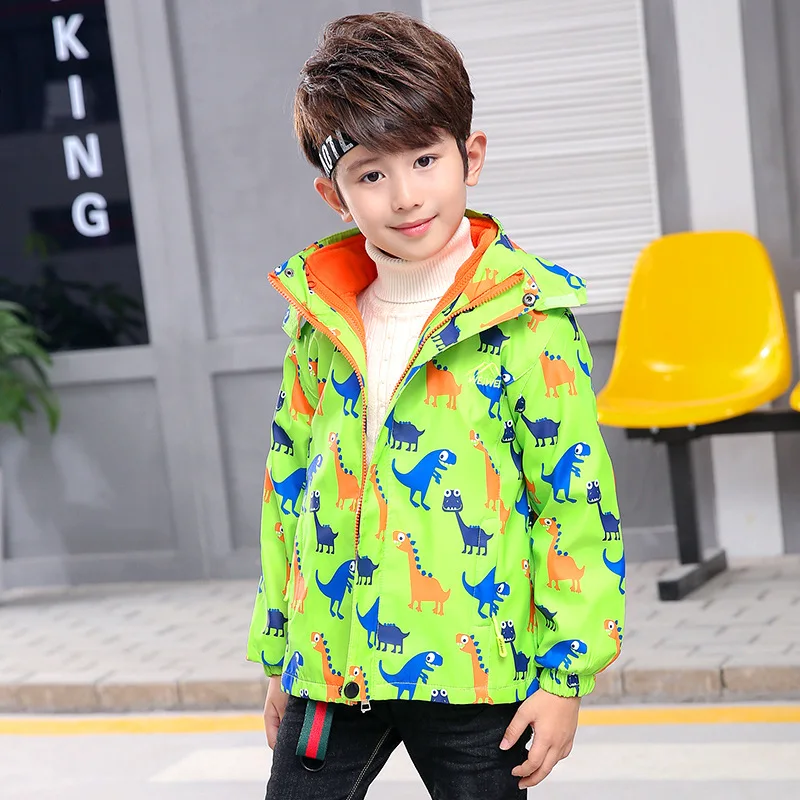 Boys on both sides wear Jackets children's clothing new spring and autumn children's children's dinosaur windbreaker plus velvet