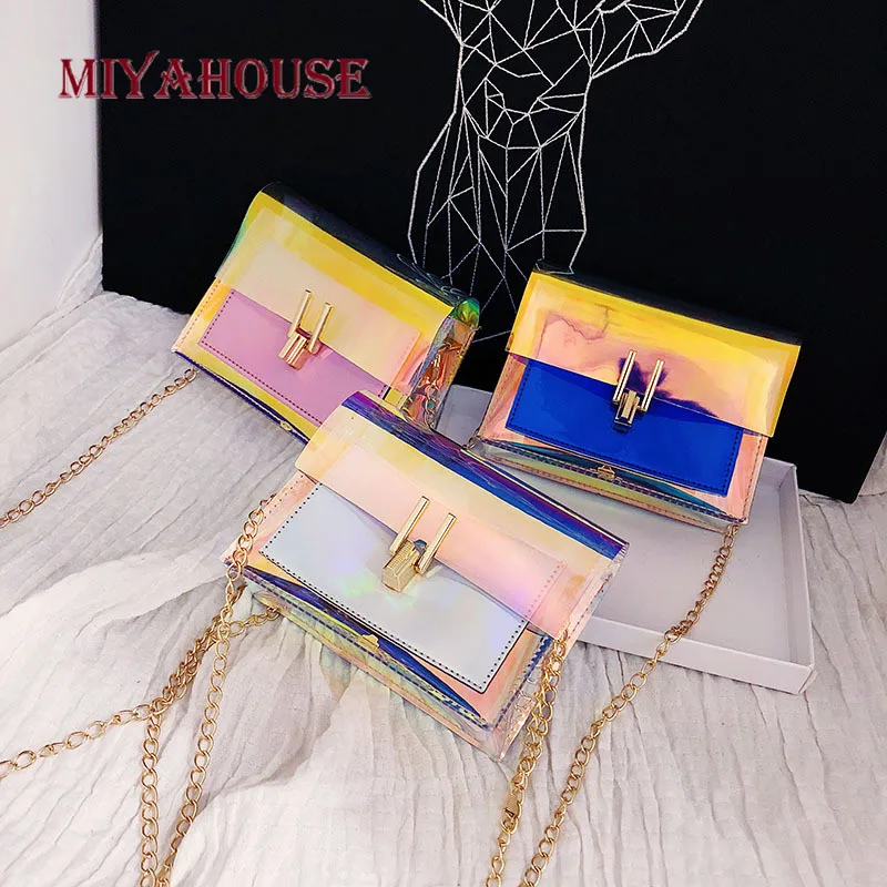 

Miyahouse PVC metal Chain Design Messenger Bags Female Small Jelly Transparent Flap Bag Women Simple Portable Shoulder Bag