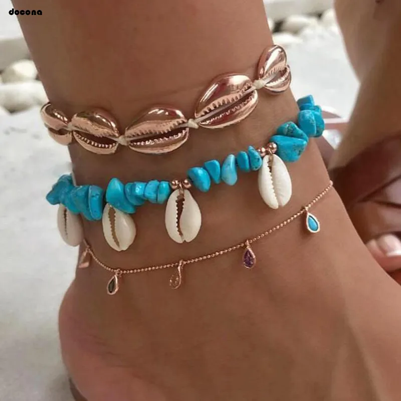 

docona Beach Sea Shell Green Stone Beaded Anklet Set for Women Colorful Crystal Multilayer Anklets Bracelet Foot Chains 7073