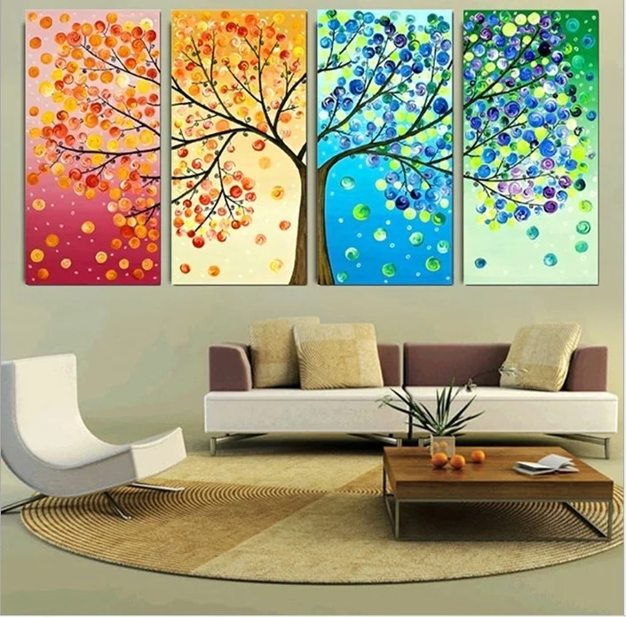 Ensemble de 4 tableaux Arbre de vie 4 couleurs dans salon design