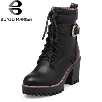 

BONJOMARISA 2020 Fashion Solid Black Platform Motorcycle Boots Women Winter lace-up High Heels Buckle Strap Shoes Woman 33-43