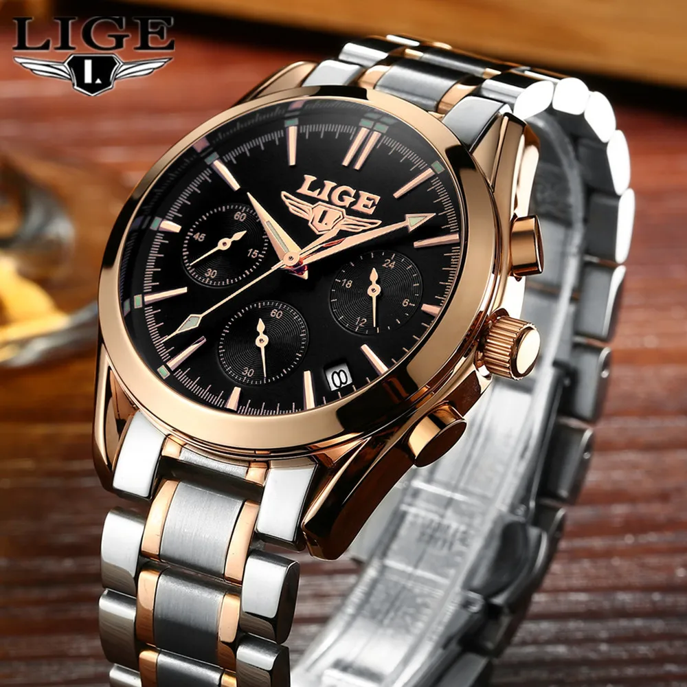 LIGE Mens font b Watches b font Top Brand Luxury Full Steel Clock Sport Quartz font