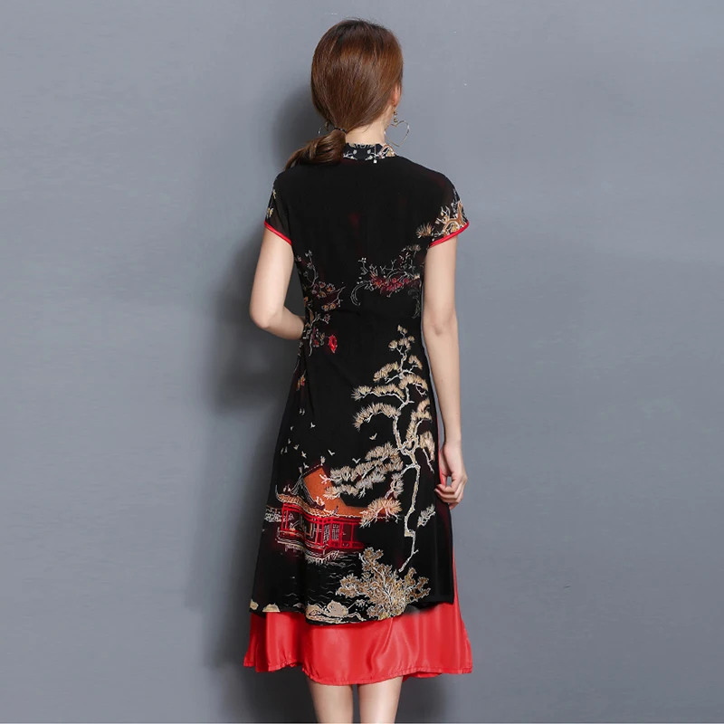 Sarikily китайский Стиль платье Qipao летние шорты рукавом Cheongsam Зеленый Красный