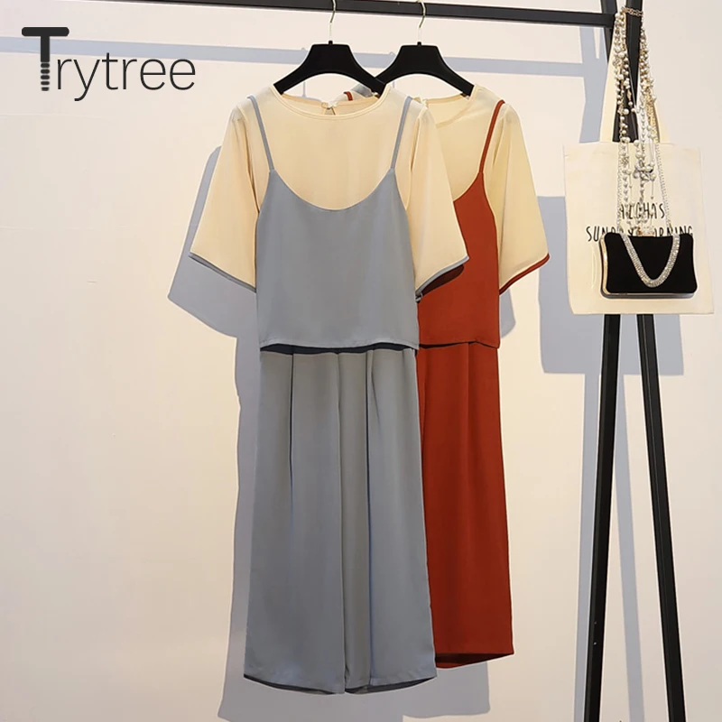Trytree الصيف النساء ثلاثة قطعة مجموعات عارضة س الرقبة مضيئة كم قمم + السراويل مرونة الخصر بنطال ذو قصة أرجل واسعة دعوى مجموعة 3 قطعة مجموعة