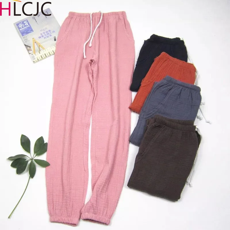 

Women Bottoms 100% Cotton Pleated Fabric Sleep Pants Pajama Trousers Solid Female Pajamas Pants Womens Lounge Wear Pijama Mujer