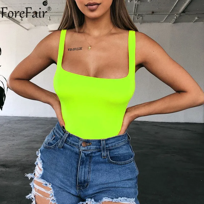 

Forefair Neon Sexy Bodysuit Women Summer Square Collar Tank Bodysuit Tops Plus Size Backless