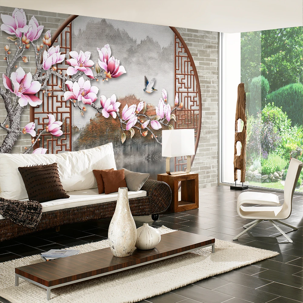 Custom 3d wallpaper Chinese classical flower window landscape background wall - silk waterproof material Custom 3d wallpaper Chinese classical flower window landscape background wall - silk waterproof material