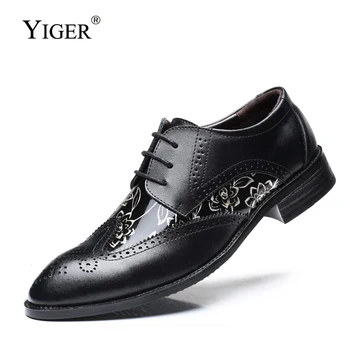 

YIGER Men Bullock dress shoes large size soft leather lace-up male formal shoes Carved leather shoes big size oxford shoes 0342