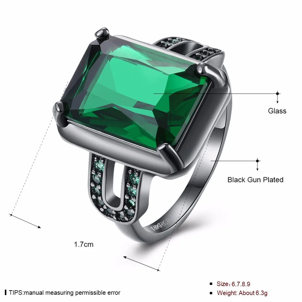 Hyperbole Square Green Cubic Zirconia Party Ring Accessorise Black Gun Color Rings For Womens Fashion Jewelry(JewelOra RI103313)