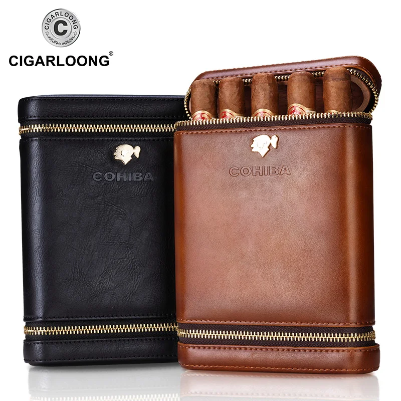 

COHIBA Luxury Travel Cigar Case Holder Portable Cedar Wood leather humidor Humidifier Moisturizing free ship CF-0135