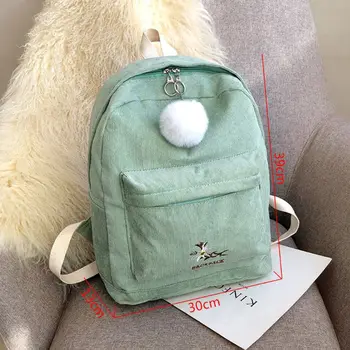 

THINKTHENDO Fashion Women Girls Students Embroidered Corduroy Backpack with Fur Ball Pendant Rucksack School Bags Casual Bookbag