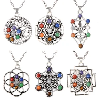 

2019 New seven chakras necklace Environment-friendly alloy antique silver pendant 4mm natural stone Chakra necklace 12pcs/lot