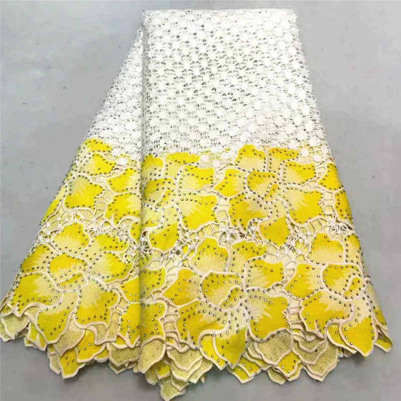 

Latest White French Stones Lace fabric Embroidered High Quality Guipure Lace Fabric Yellow Cord Lace Fabric For Party ZQ71-1