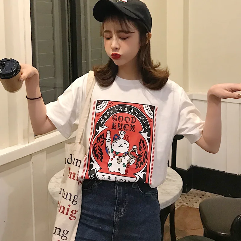 

Summer casual Women T Shirt Harajuku Short Sleeve Funny Ulzzang cartoon print T-Shirts kawaii girls Tshirt white Top Tees Female