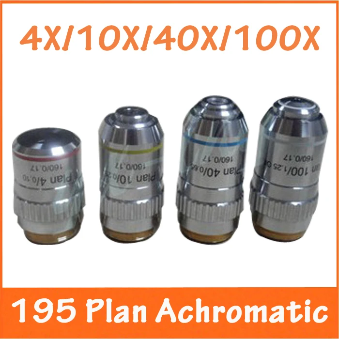 

4X, 10X, 40X, 100X 4PCS L=195 Plan Achromatic Bio-Microscope Biological Microscope Objective Lens Thread Diameter 20.2MMx0.705