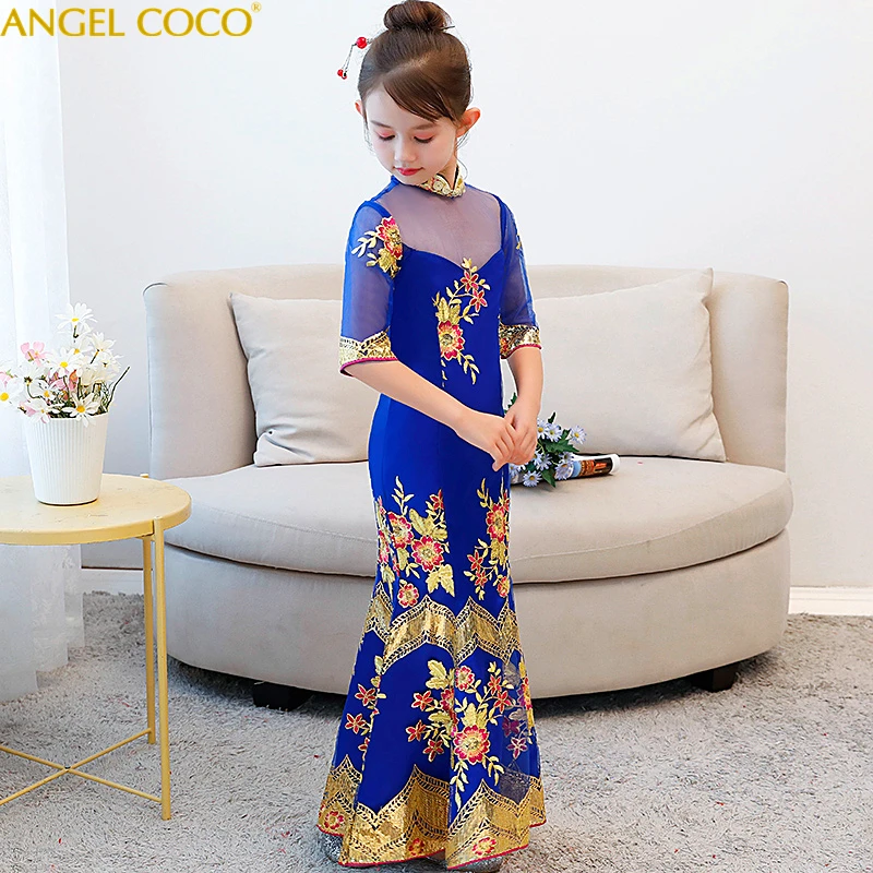 

Chinese embroidery Mermaid Girls Dresses for Wedding Kids Pageant Gown Girls Birthday Dress Evening Gowns Qipao Robe de fille
