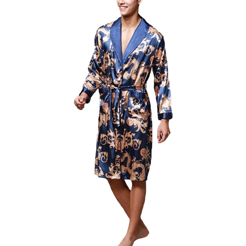 INCERUN модные атласные шелковые пижамы мужской халат одежда с длинным рукавом Lucky китайский дракон печати Халат пижамы Lounge