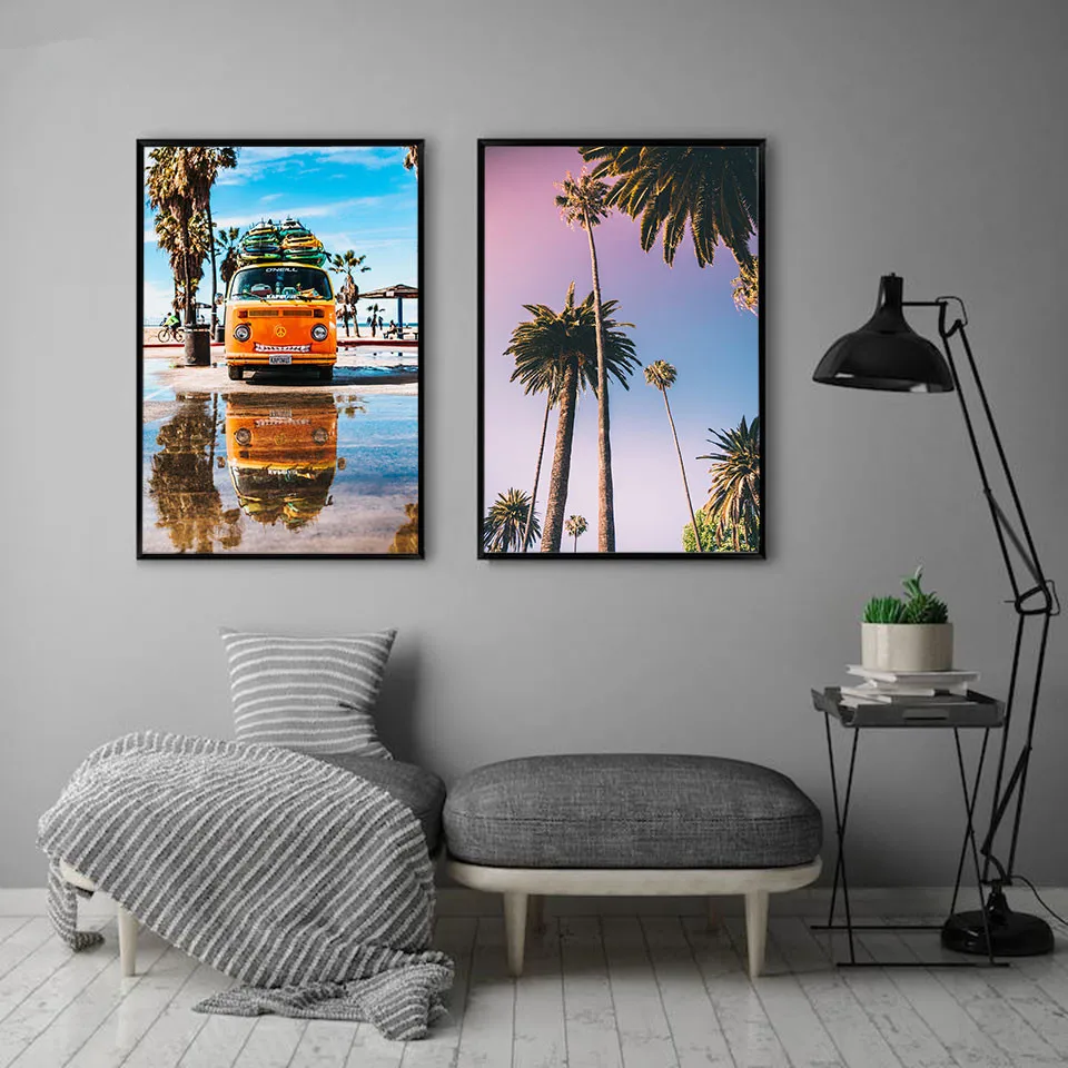 

Gohipang Nordic Sea Bus Posters and Prints Tropical Palm Tree Canvas Painting Landscape Wall Picture for Living Room Home Decor