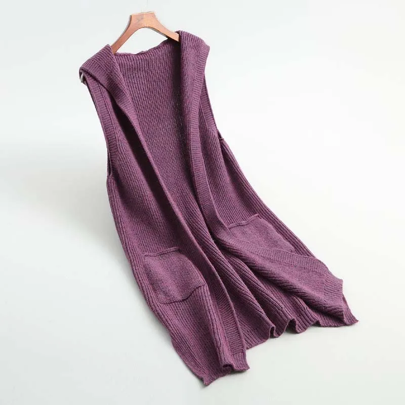 

J171 New casual women solid color hooded sleeveless sweater vest ladies streetwear match all knitted waistcoat tops