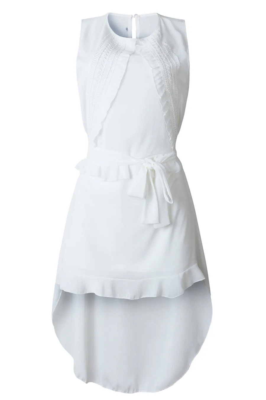 Gladiolus Ruffle Women Summer Dress Sleeveless Lace Decoration Belt Tunic Irregular White Black Dress Women 2019 Ladies Dresses  (14)