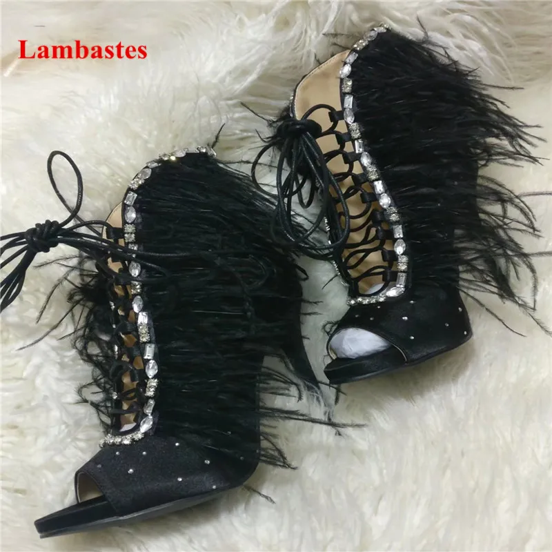 

2018 Feather Design Crystal Embellished Peep Toe Women Sandals Sexy Thin High Heel Walkway Stage Cross-tied Lace Up Sandals