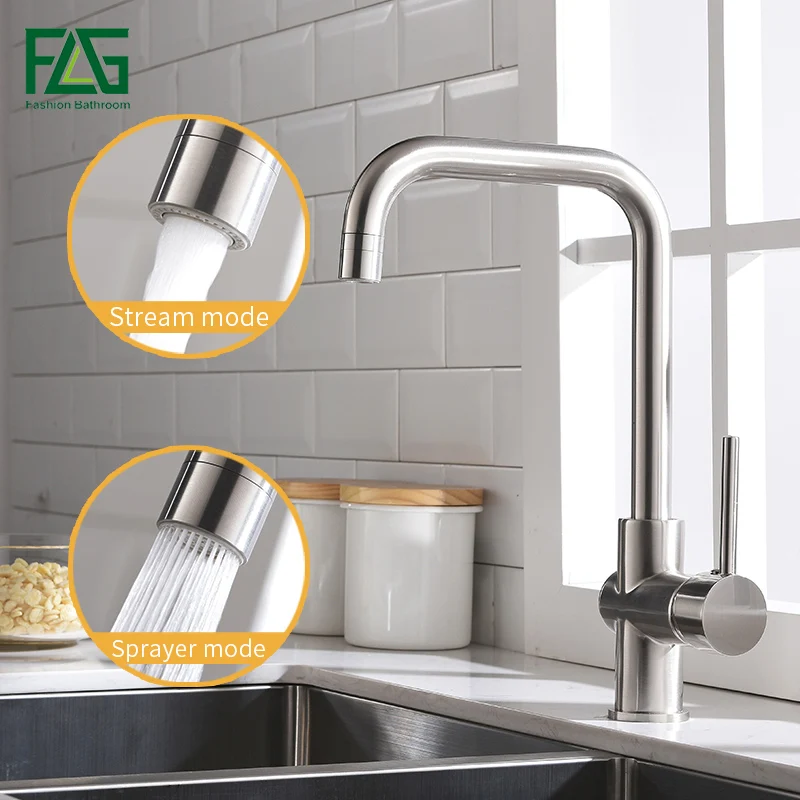 

FLG Kitchen Mixer Brushed Nickel Kitchen Faucet Deck Mount 360 Swivel 2 Function Water Outlet Mixer Cold Hot Water Tap 1011-33N