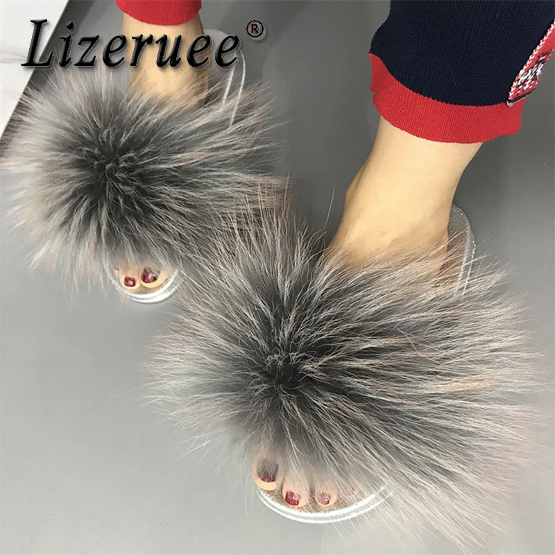 

Lizeruee Women Real Raccoon Fur Slippers Women Slides Fox Hair Flat Fluffy Fashion Home Summer Size 41 Natural Furry Slippers F5