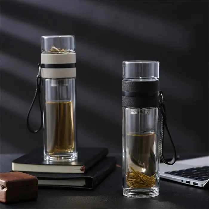 Transparent Glass Tea Cup Portable Water Tea Bottle with Separate Cup@LS