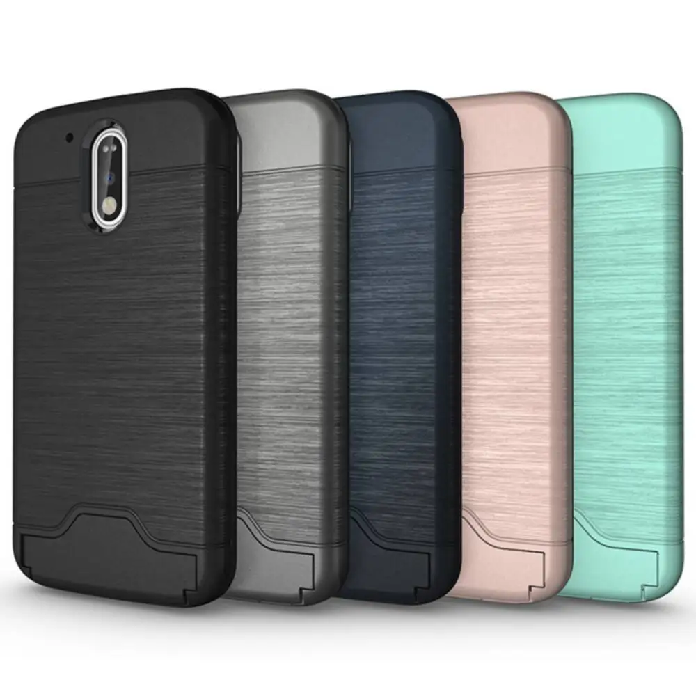 

Luxury Brushed metal skin plastic soft+silicone phone shockproof case for moto G4 G4 plus with card holder business cover