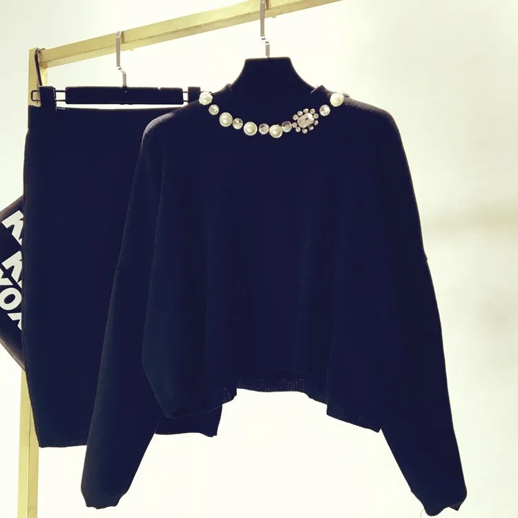 Модные пуловеры с жемчугом+ короткая юбка - Цвет: Черный