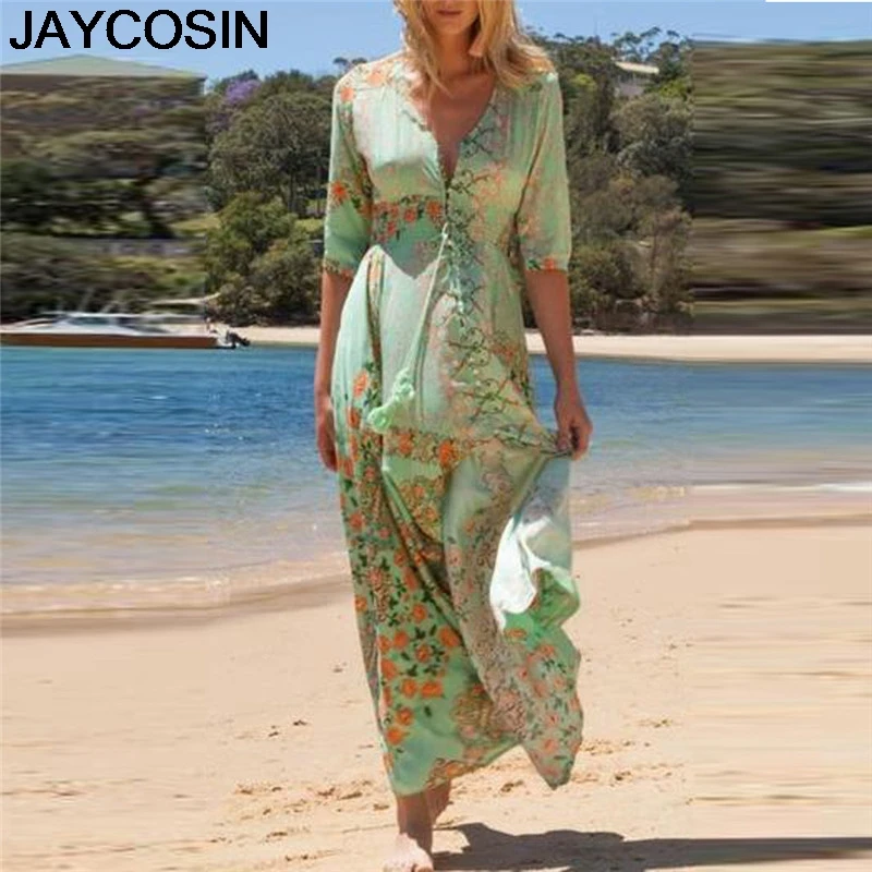 

JAYCOSIN 2019 New Summer Women Dress Short Sleeve Floral Printed V-neck Casual Waist Long Dress Beach Dresses Vestido jy8