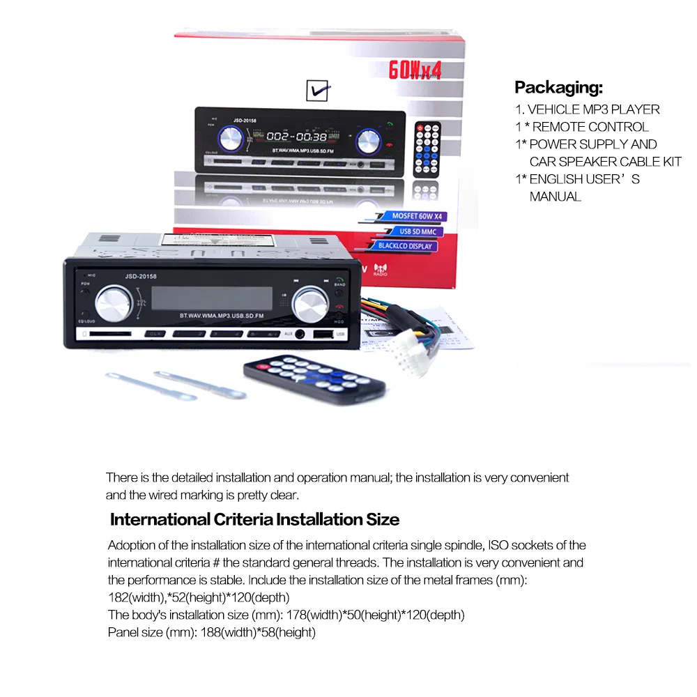 Авторадио 1 Din 12 V автомобильное аудио bluetooth стерео JSD-20158 FM aux-приемник вход USB/SD аудио MP3 автомобильное радио с съемная панель