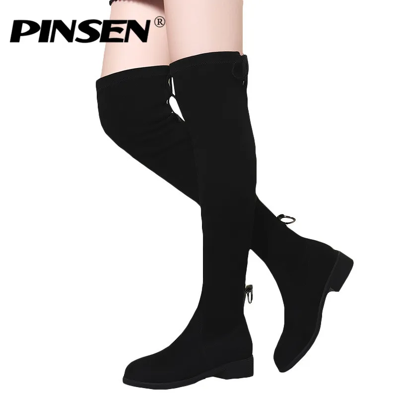 

PINSEN 2019 Winter Women Boots Faux Suede Fashion Boots Women Over The Knee Boots Lace-up Flat Heel Knee-High Female Boots