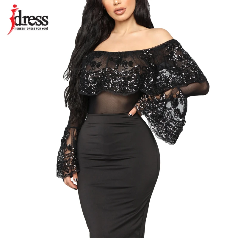 IDress Stylish Sexy Women Lace Sequined Bodysuit Combinaison Femme Slash Neck Long Sleeve Siamese Shorts Women Sexy Jumpsuit (3)