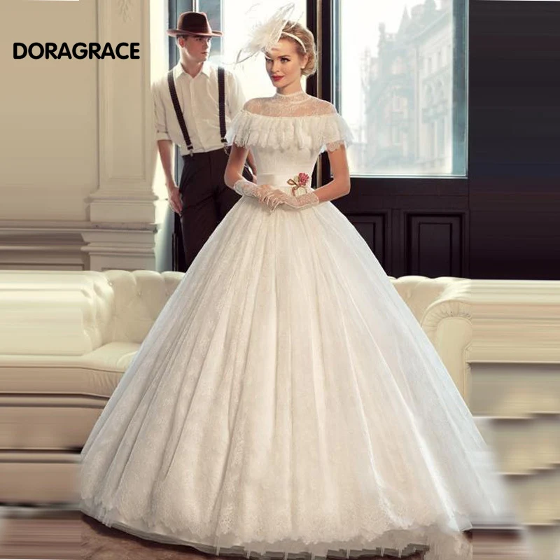 

Romantic A Line Lace Wedding Dresses With Jacket Shawl Designer Wedding Gowns vestido de noiva DG0062