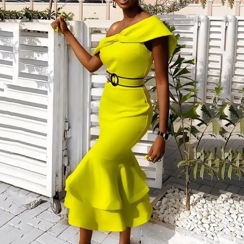 

Elegant Women Dress 2019 Party African Women Midi Dresses Mermaid Off Shoulder Plain Falbala Sexy Club Dress Vestiods