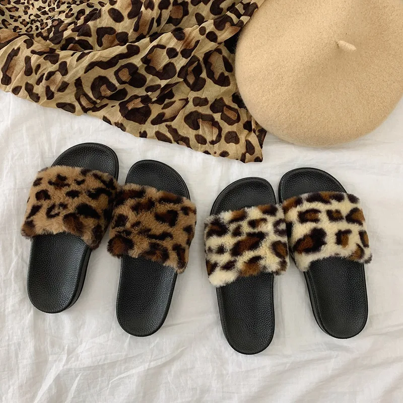 

Korean Style Leopard Fur Shoes Winter Women Furry Cool Slippers Warm Rubber Sliders Outside Indoor Sandals Girl Slip On Female
