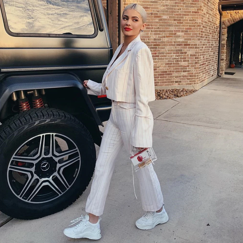 

2019 autumn new sexy striped women's set long-sleeved short coat & nine pants three-piece celebrity runway party set