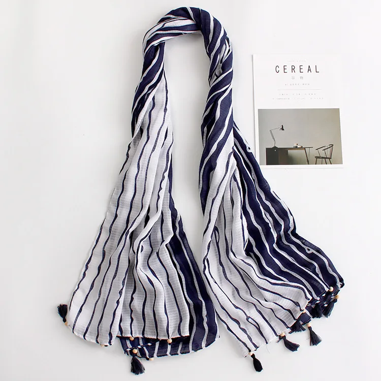 2017 new Blue and white stripes long fringed cotton scarf shawl seasons