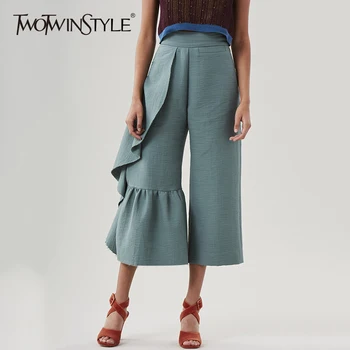 

TWOTWINSTYLE Ruffles Wide Leg Pants For Women High Waist Irregular Calf Length Trouser Female 2020 Spring Fashion OL Clothing