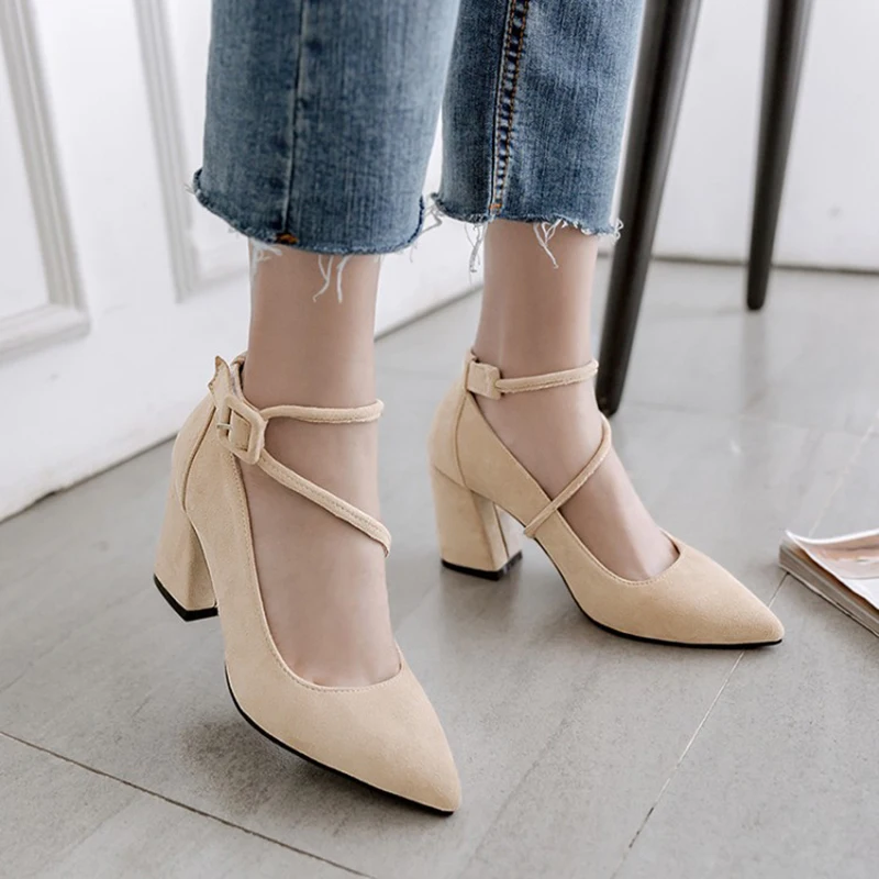 2 Brand Black Pink Spring Strap Thick Heels
