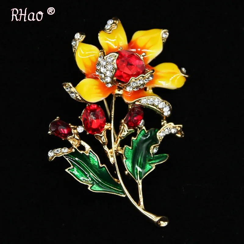 Enamel Sun Flower Crystal Brooches Rhinestone Brooch Pin Fashion Jewelry Coat Dress Corsage Bijouterie Broches Gift | Украшения и