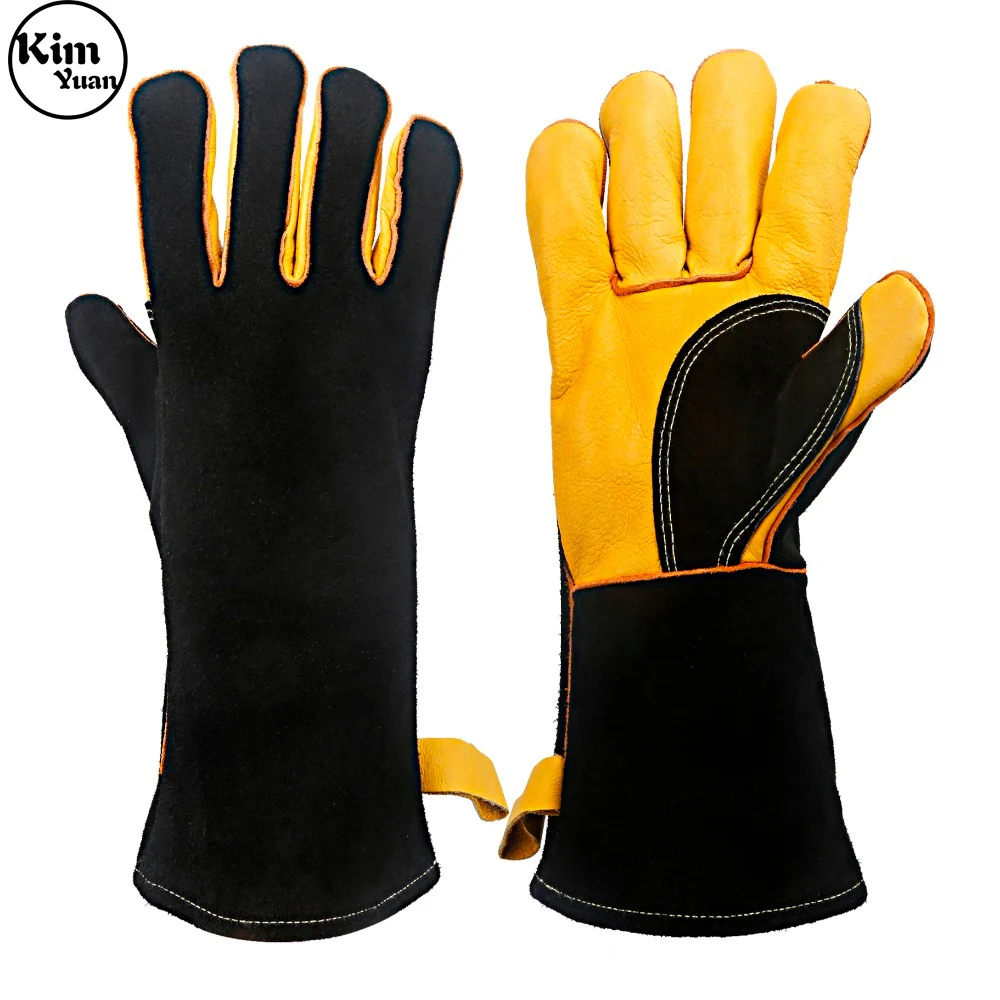 

KIM YUAN 040Leather Welding Gloves-Heat/Fire Resistant, for Welder/Oven/Fireplace/Animal Handling/BBQ -Brown 14in