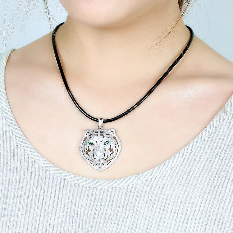925 sterling silver zircon panther pendant&necklace with black rope