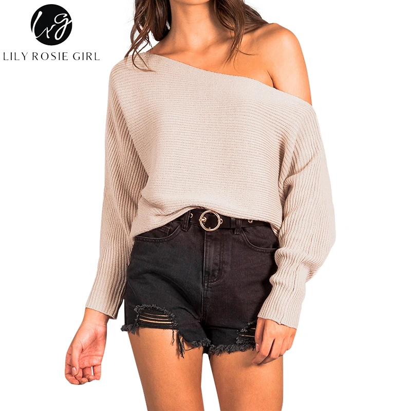 

Lily Rosie Girl Off Shoulder Sweater Slash Neck Batwing Sleeve Pullover Women Solid Jumpers 2018 Winter Autumn Knitted Sweaters