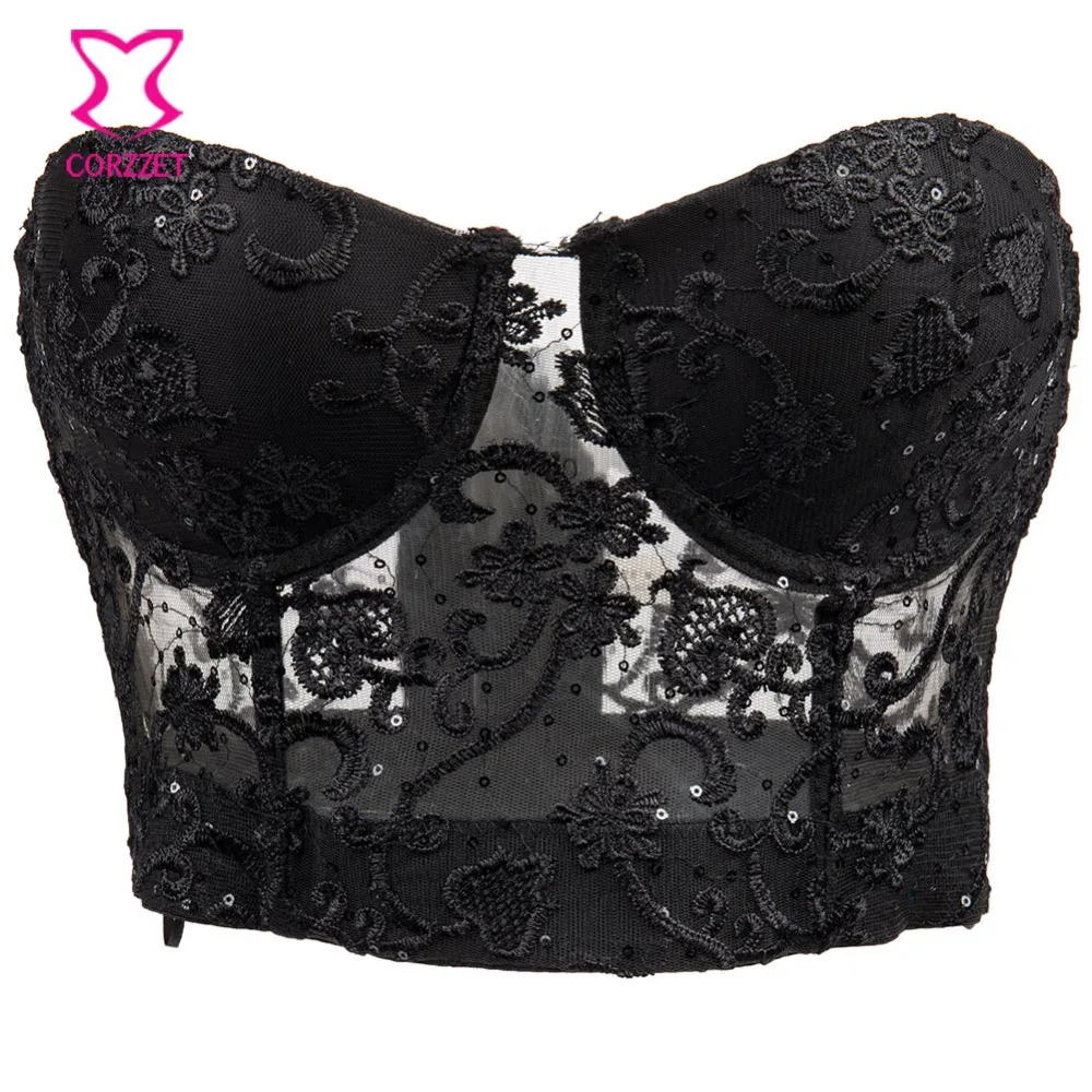 

Burlesque Black Floral Embroidery and Sequins Sexy Brassiere Push Up Bra Bustier Lingerie Underwear Women Bras Bralette Crop Top