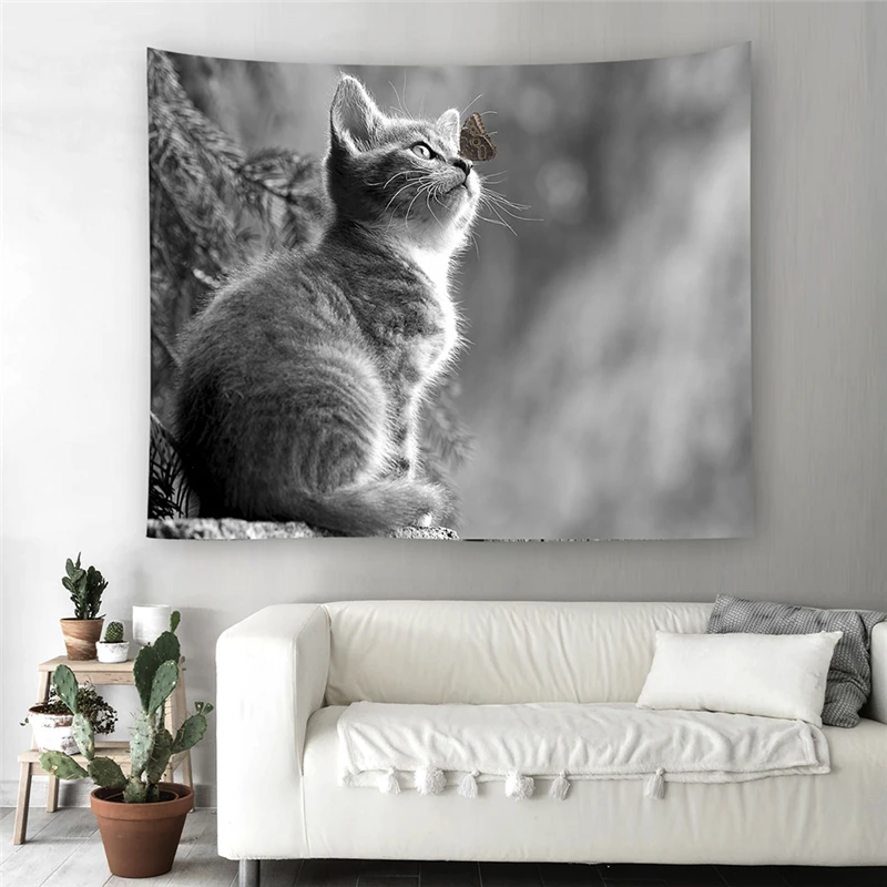 Gray Style Cute Cat Pattern Wall Tapestry 6 Sizes Soft Polyester Livingroom Hanging Tapestry Home Art Decor Tapestry Bed Blanket
