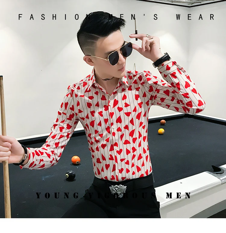 Mens Casual Shirts Stripe Love Print Self-cultivation Men Shirt Streetwear Slim Fit Hairstyle Division Club Shirt Hawaiian Shirt