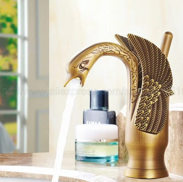 Bathroom Faucet Antique Brass Swan Shape Single Handle Wash Basin Bathroom Deck Mounted Tap znf087